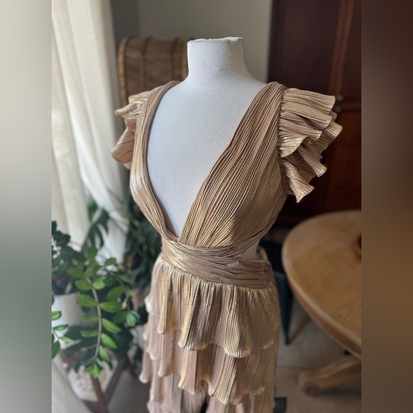 Mac Duggal Gold Ruffle gown maxi full length slit bridal shower bridesmaid guest - Picture 9 of 11